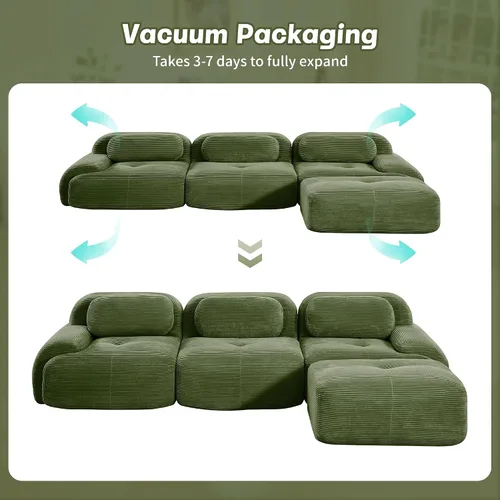 Miniatura 9 de Sofá modular sin hueso de 117 pulgadas, sofá modular en forma de L para sala de estar, sofá comprimido con asiento profundo, sofá nube de pana