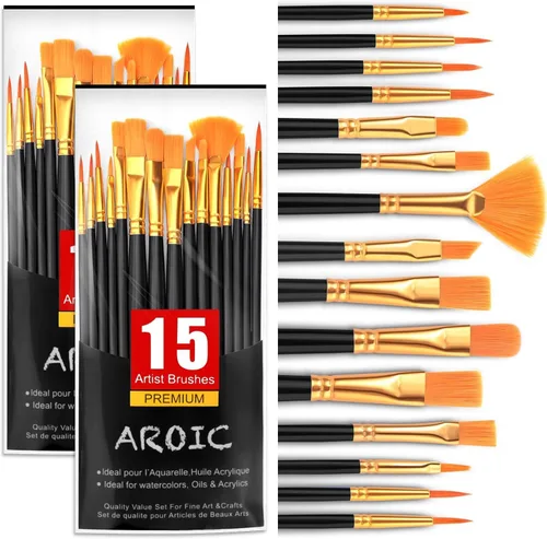 Juego de pinceles de pintura acrílica AROIC, 2 paquetes/30 unidades de pinceles de nailon para acuarela, óleo, pintura en roca y rostro, pinceles de