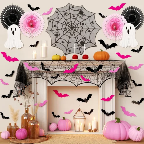 Miniatura 9 de Kit de decoración de fiesta de Halloween para interiores con bolas de papel de panal y abanicos, bufanda de mantel de chimenea, camino de mesa