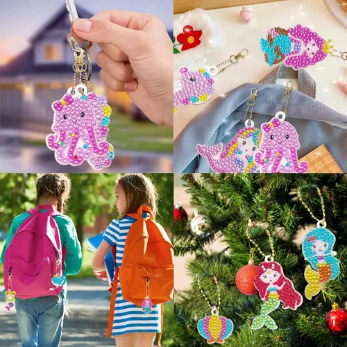 Miniatura 2 de CAYUDEN Llaveros de pintura artística de diamante, 15 piezas de llaveros de diamantes 5D para niños, llavero de pintura de diamante de sirena