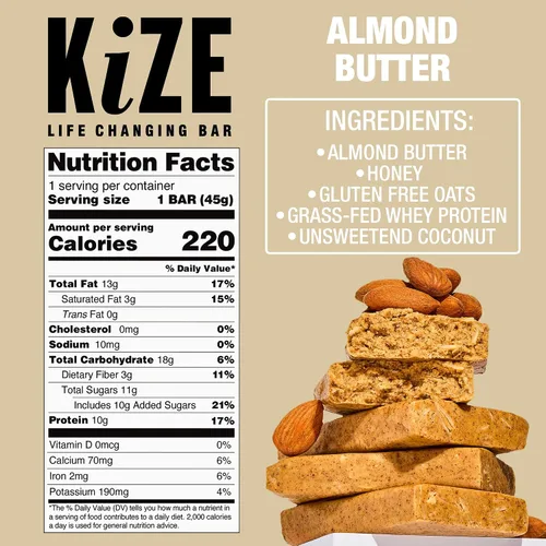 Miniatura 2 de KiZE Energy Bars - Barras energéticas de reemplazo de comidas con alto contenido de proteínas, a base de mantequilla de almendras, sin gluten, sin