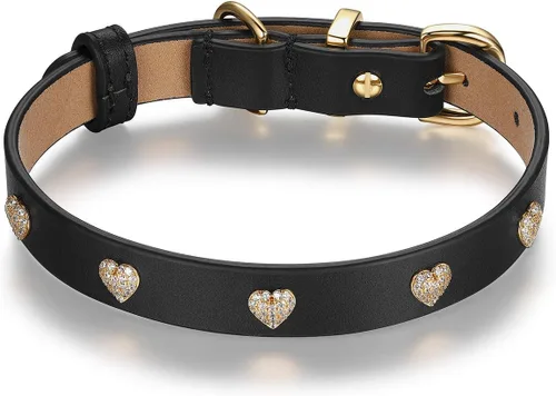 SCAMPER & CO Collar de perro chapado en oro amarillo de 18 quilates con hebilla chapada en oro amarillo de 18 quilates, collar de perro con corazón