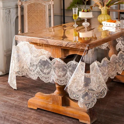Miniatura 14 de ARTABLE Mantel rectangular de vinilo de PVC, impermeable, transparente, con borde de macramé de encaje champán, para boda, cocina, hogar