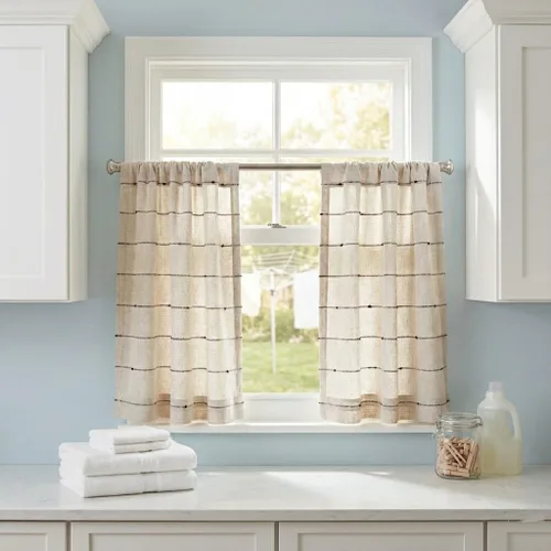 Miniatura 2 de Piper Classics Farmcloth Stripe Tiers, Set/2, 24 pulgadas de largo x 36 W, granja rústica, crema natural con rayas negras, cortinas de café