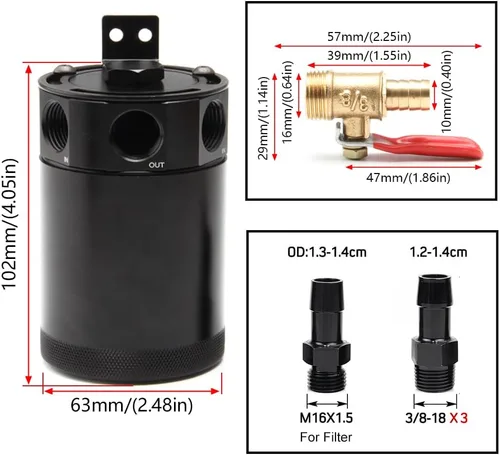 Miniatura 2 de Kit universal de tanque de reserva de aceite para coche de 150ml, compacto deflector de 3 puertos separador de aceite 2 entradas 1 salida negro