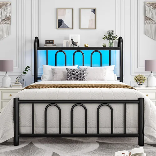 Miniatura 11 de Homkdom Base de cama tamaño King con cabecera de almacenamiento, marco de cama de metal clásico con luces LED y almacenamiento debajo de la cama