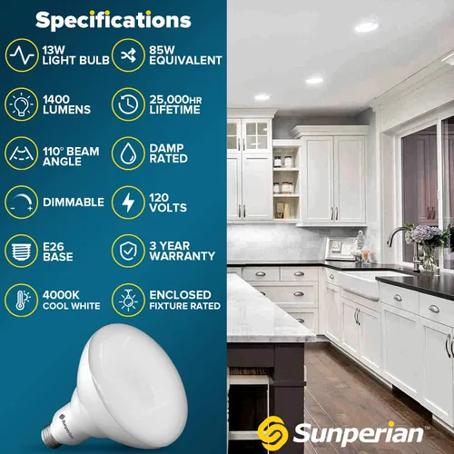 Miniatura 7 de SUNPERIAN BR40 Bombillas LED, 13 W = 85 W, 4000 K blanco frío, 1400 lúmenes, bombillas de inundación regulables para latas empotradas, clasificación