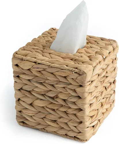 KOLWOVEN Soporte para Caja de Paños - Cuadrado - Caja Cubierta de Paños de Ratán Trenzado - Soporte Boho Decorativo Tejido para Paños Faciales en