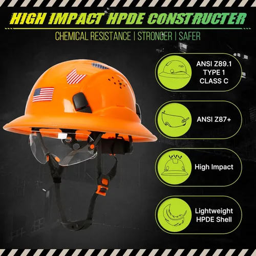 Miniatura 2 de Cascos De Construcción de ala completa Cascos de seguridad aprobados por OSHA con visera transparente - Casco de seguridad de construcción ventilado