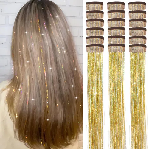 Miniatura 20 de Paquete de 12 extensiones de cabello de oropel con clip, 24 pulgadas, accesorios para el cabello de hada brillante para niñas y mujeres, fiesta