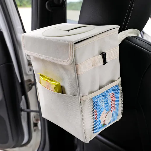 Miniatura 6 de AOKJOY Basurero para automóvil con tapa a prueba de fugas, bote de basura para vehículo, 3 bolsillos de almacenamiento, colgante, bolsa de basura