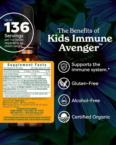 Miniatura 2 de Herb Pharm Kids Fórmula Herbal Vengador Inmune Certificado-Orgánico Sin Alcohol, 1 Onza