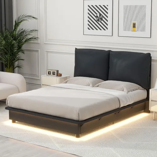 Miniatura 42 de Cama de plataforma flotante, marco de cama de madera tamaño individual con rayas claras, tela de lino suave y cabecera de diseño capitoné