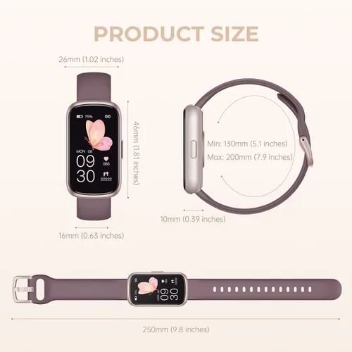 Miniatura 8 de Pulsera de fitness para mujeres y hombres, reloj inteligente con monitor de oxígeno en sangre, frecuencia cardíaca 24/7, monitor de sueño, calorías