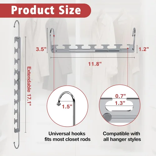 Miniatura 7 de Paquete de 12 perchas que ahorran espacio para ropa, de 6 a 9 agujeros, expandibles, de metal resistente, capacidad de 80 libras, colgador