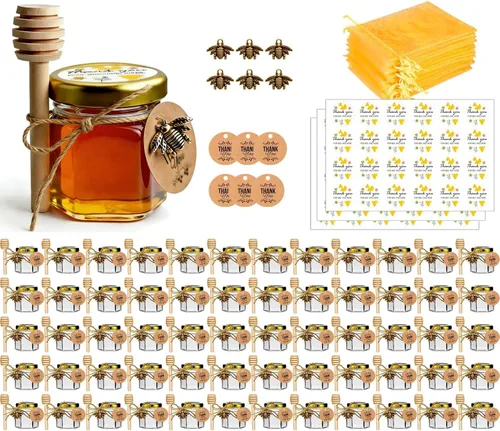 Miniatura 8 de Mini tarros de miel, 1.5 onzas de cristal hexagonal con goteros, abalorios de abeja, bolsas de regalo de organza y calcomanías, perfecto