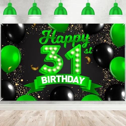 Miniatura 69 de Cartel de feliz cumpleaños 26 verde y negro, telón de fondo con texto en inglés "Cheers to 26 years old confeti", globos de confeti, decoración