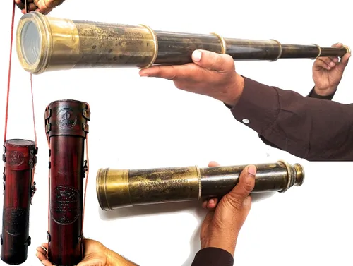 Telescopio de latón raro Spyglass - East India Company 1818 Tracker Vintage Pirate Spyglass Alcance antiguo 32 pulgadas grande cosido a mano caja de