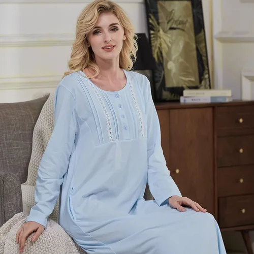 Miniatura 4 de Keyocean Camisones para mujer con bolsillos, 100% algodón, suave, ligero, manga larga, camisón para mujer