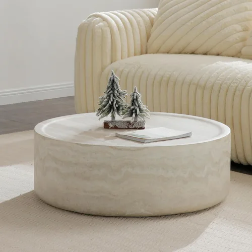 Miniatura 8 de JUSTONE Mesa de Centro Redonda para Sala de Estar, Mesa de Acento Moderna de 31.5 Pulgadas con Acabado de Piedra Artificial Beige Desgastado, Mesa