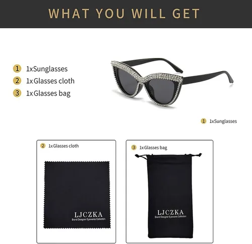 Miniatura 5 de LJCZKA Diamond Cat Eye Sunglasses Women Retro Jeweled Rhinestone Sun Glasses Sparkle Crystal Pearl Luxury Bling Eyewear