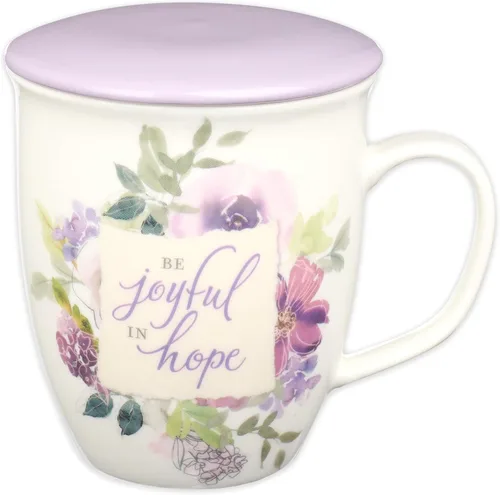 Miniatura 7 de Taza de café de cerámica floral de rosa de Christian Art Gifts con tapa púrpura – 13 oz. Taza de café y té inspiradora sin plomo ni cadmio