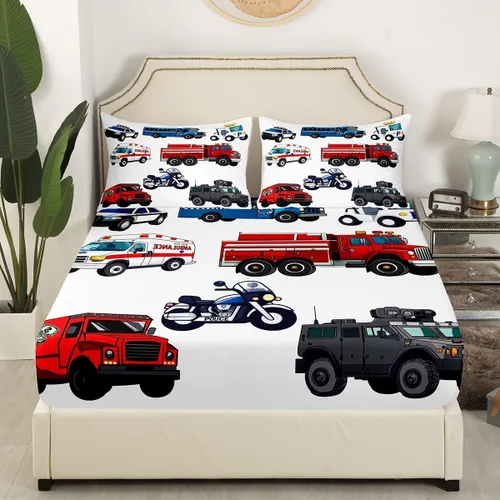 Miniatura 3 de Juego de ropa de cama para niños de policía para niños, tamaño individual, camión de bomberos, ambulancia, sábana bajera ajustable de dibujos