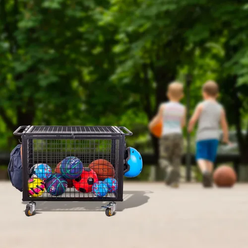 Miniatura 3 de MyGift Carrito de almacenamiento de pelotas deportivas de metal negro para parque infantil, Dodge Ball, baloncesto, pelota de fútbol, canasta