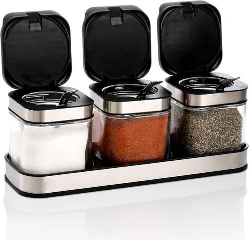 DEAYOU Paquete de 3 cajas de condimentos de vidrio con bandeja, recipiente transparente para condimentos con tapa de acero inoxidable 18/10 y