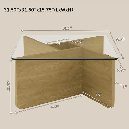Miniatura 2 de LKTART Mesa de café de vidrio de 31.5", mesa de café cuadrada de MDF estilo Mid-Century Modern con tapa de vidrio templado, mesas centrales