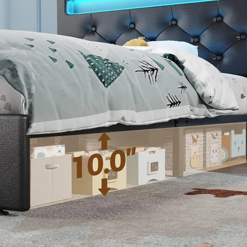 Miniatura 5 de Rolanstar Base de cama individual con estación de carga, cama LED con almacenamiento debajo de la cama, cabecera ajustable de 38.9/40.8 pulgadas,