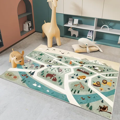 Miniatura 6 de Alfombra de juego para niños, alfombra de 5 pies para dormitorio, animales del bosque, alfombra de sala de juegos para niños y niñas, alfombra