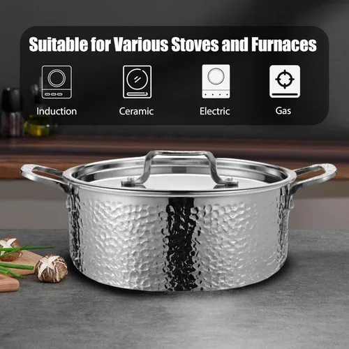 Miniatura 6 de Vivicreate Juego de 20 utensilios de cocina de acero inoxidable de tres capas, ollas y sartenes martilladas con 2 sartenes antiadherentes y 2 ollas