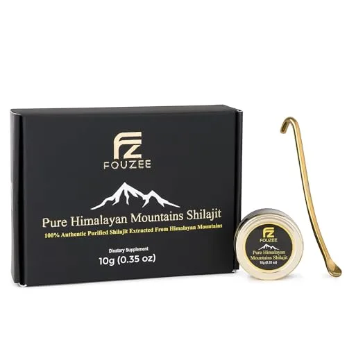 FOUZEE Shilajit Pure Himalayan Mountains - 77% + consistencia dura auténtica de ácido fúlvico, fuente natural de ácido fúlvico, más de 85 minerales