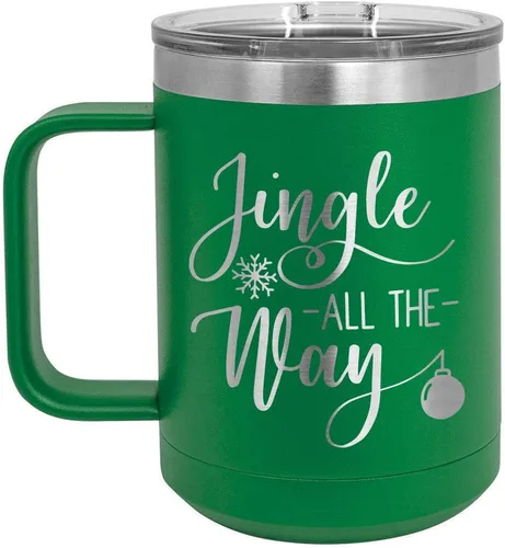 JINGLE ALL THE WAY - Taza de café con tapa deslizante de 13.0 fl oz, diseño navideño con texto en inglés "JINGLE ALL THE WAY", Verde