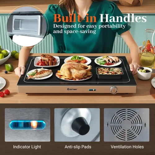 Miniatura 6 de COSTWAY Bandeja de calentamiento eléctrica con temperatura ajustable y asas integradas, calentador de alimentos con parte superior de vidrio