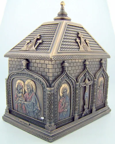 Regalo católico religioso de bronce fundido en frío de 5 7/8 pulgadas Iglesia capilla icono rosario recuerdo caja de baratija