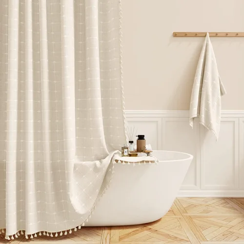 BTTN Juego de cortinas de ducha estilo bohemio de granja con borlas, tela rústica de lino resistente, repelente al agua, cortinas de ducha gruesas A