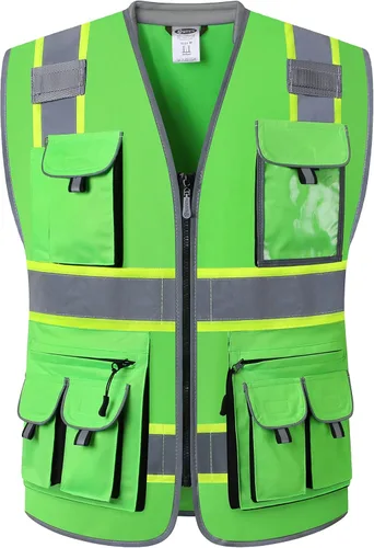 Miniatura 11 de JKSafety Chaleco de seguridad con 10 bolsillos, clase 2, de alta visibilidad, con cremallera frontal amarilla, con tiras reflectantes, cumple