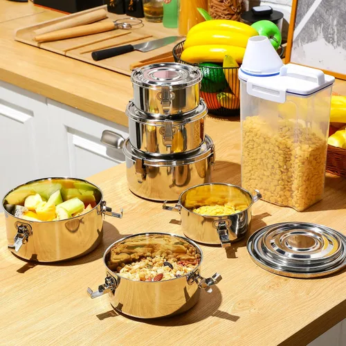 Miniatura 4 de Zopeal 6 recipientes de acero inoxidable para almacenamiento de alimentos con tapas, a prueba de fugas, de metal, apilables, reutilizables