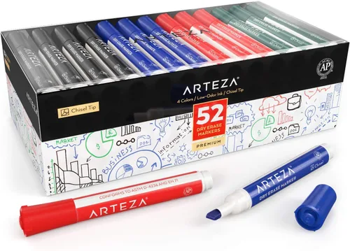 ARTEZA Marcadores de borrado en seco, paquete de 52, punta de cincel, 4 colores surtidos, tinta de bajo olor para pizarras blancas, aula, oficina o