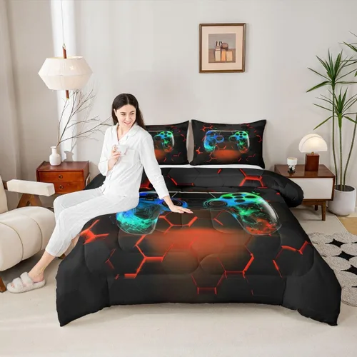 Miniatura 20 de Manfei Juego de edredón moderno de 2 piezas con estampado de consola de videojuegos de panal azul con 1 funda de almohada, juego de ropa de cama