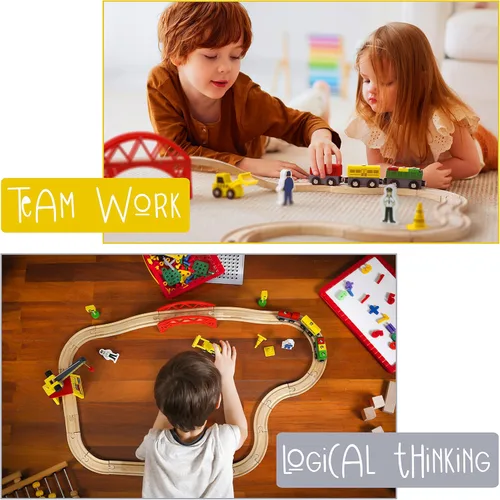 Miniatura 4 de KipiPol Juegos de trenes de madera para niños de 2 a 4 a 7 años – 38 piezas de tren de madera para niños pequeños con grúa, puente y pistas de tren
