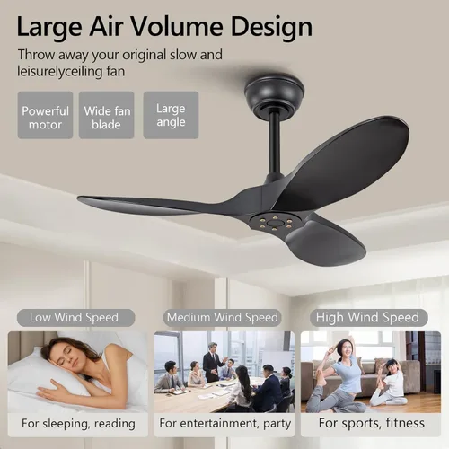 Miniatura 5 de Ventilador de techo negro de 36 pulgadas, 6 velocidades, motor de CC silencioso reversible, 3 aspas ABS, diseño moderno sin luz, control remoto
