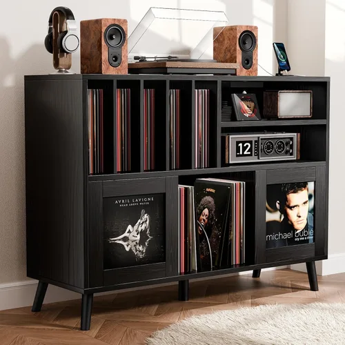 Soporte XL para tocadiscos con puertas corredizas, gabinete de almacenamiento de discos de vinilo con estación de carga y puertos USB, mesa moderna