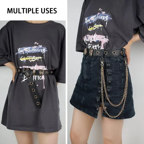 Miniatura 8 de FIORETTO Cinturón de cuero con ojales y cadena desmontable para mujeres y hombres, cinturones de cintura punk rock para pantalones vaqueros