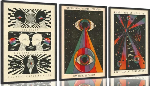3 piezas de arte de pared retro hippie de los años 70, póster psicodélico de los años 70, decoración de pared, meditación, citas inspiradoras,
