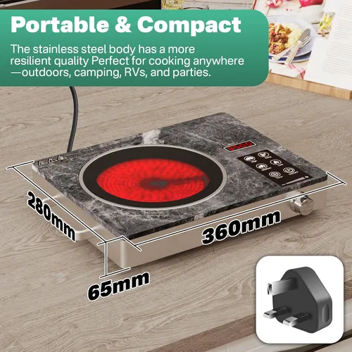Miniatura 6 de 3500W Single Ceramic Hob with Marble Finish, Portable Infrared Hot Plate with Rotary Control, Safety Lock & Timer, Electric Cooker Compatible with