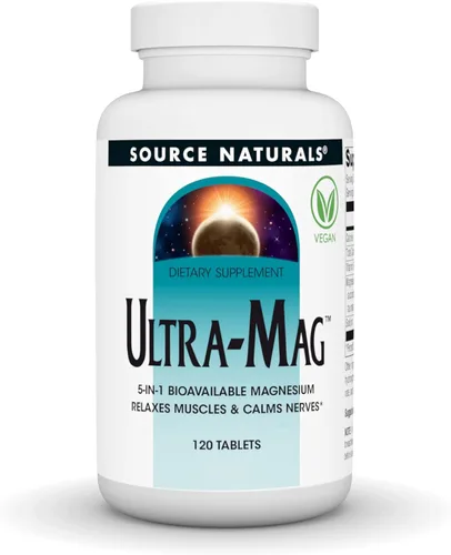 Source Naturals Ultra-Mag, magnesio biodisponible 5 en 1 - Relaja los músculos y calma los nervios* - 120 tabletas veganas