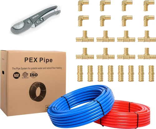 Efield Pex-B Combo de tuberías y accesorios: tubo de 1/2 pulgada (2 rollos x75 pies = 150 pies, rojo y azul) Paquete de 24 accesorios de crimpado de